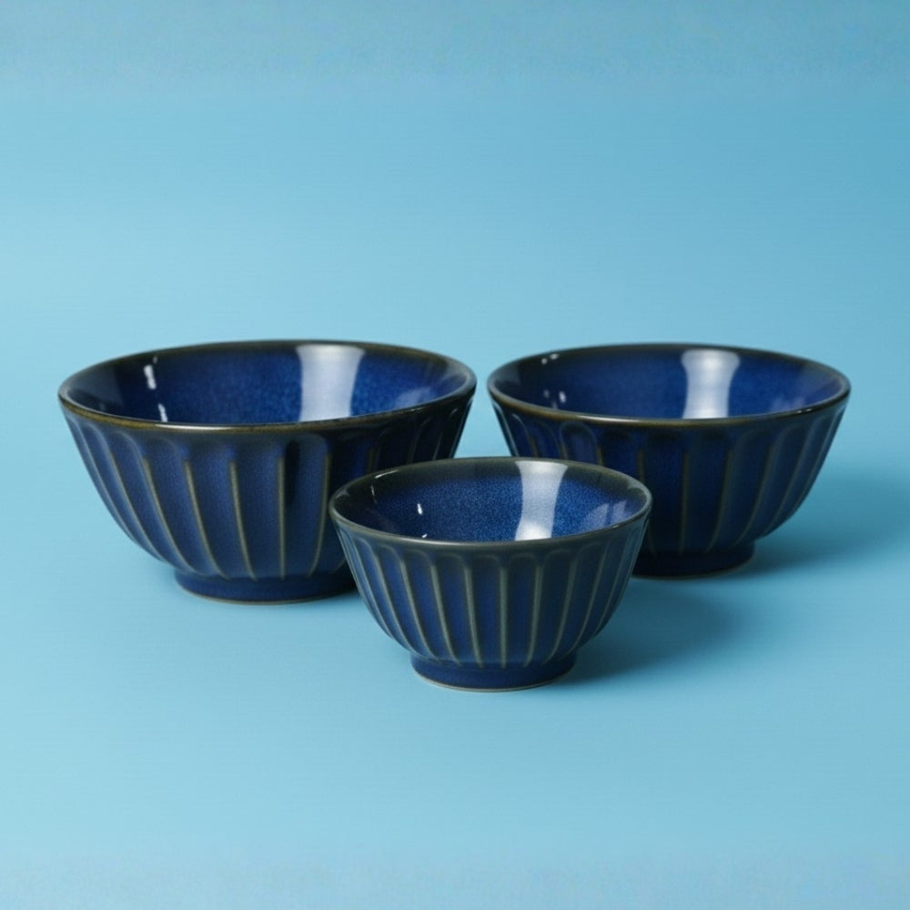royal navy blue ribbed ceramic serving bowl set of 3 round serving bowls with glossy finish for dining and serving